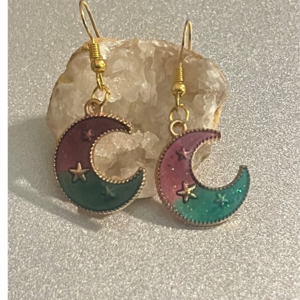 New -14k Gold Plated Green & Purple Crescent Moon Earrings
